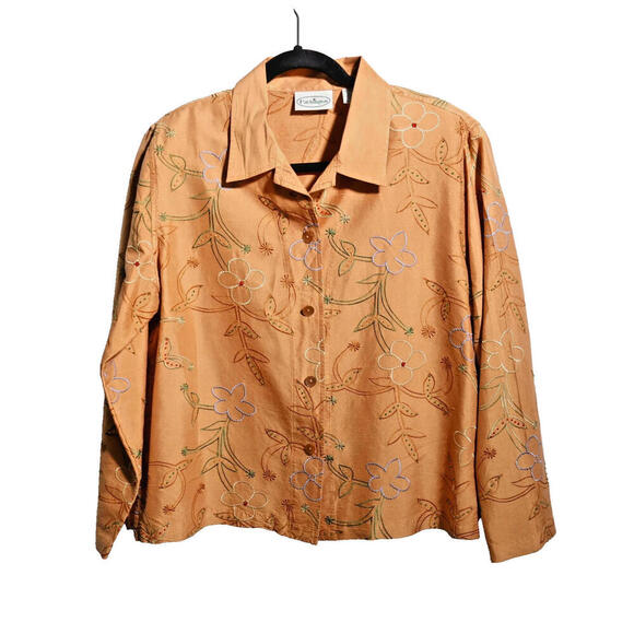 100% Silk Orange Button‎ Up Shirt Jacket Embroidered Flowers Whimsical Fairy L - Picture 1 of 7